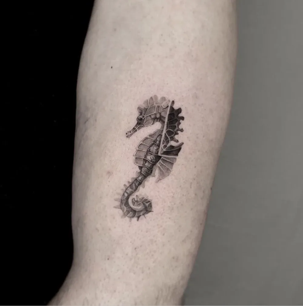 Ein Seepferdchen im Detail, Tattoo am Unterarm von Barni