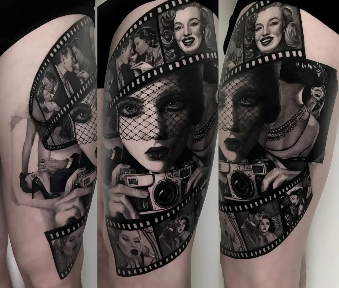 Black-and-Grey-Tattoo von Ruby mit Frauenporträt, Filmstreifen und Kamera in drei Ansichten