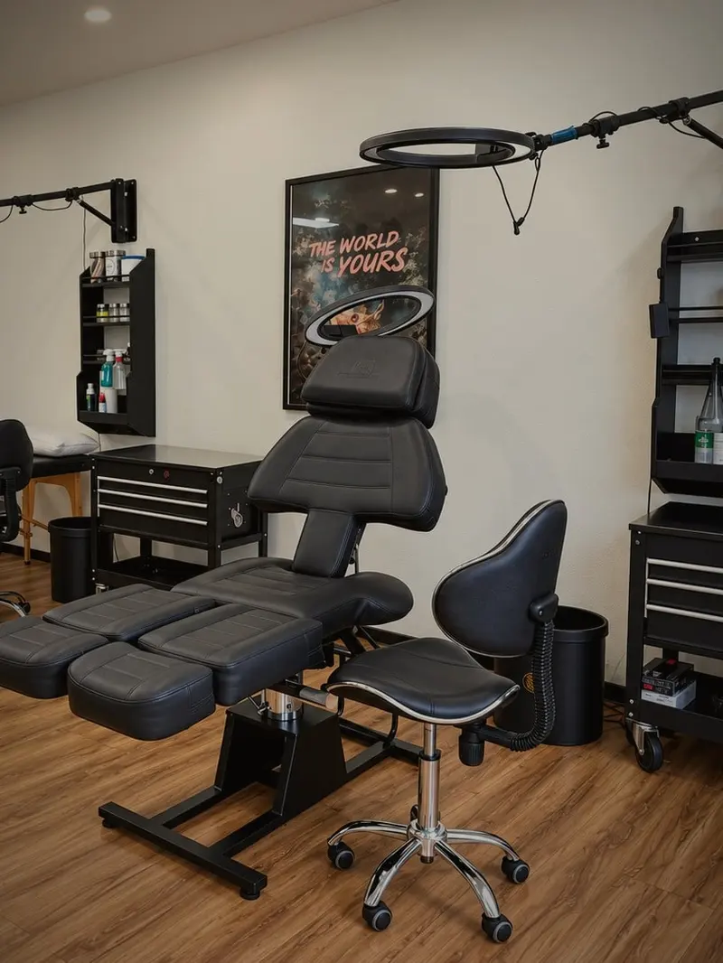 Ein Tattoo-Arbeitsplatz mit Liege, Hocker, Rollwagen und Ringleuchte.