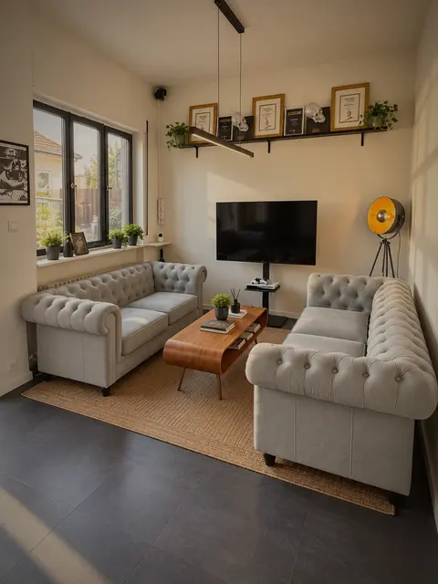 Wartebereich mit zwei hellen Sofas, Couchtisch und Fernseher.